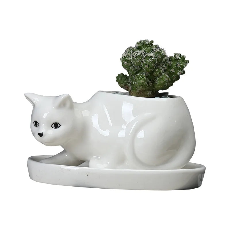 White Ceramic Cat Flower Pot with Tray