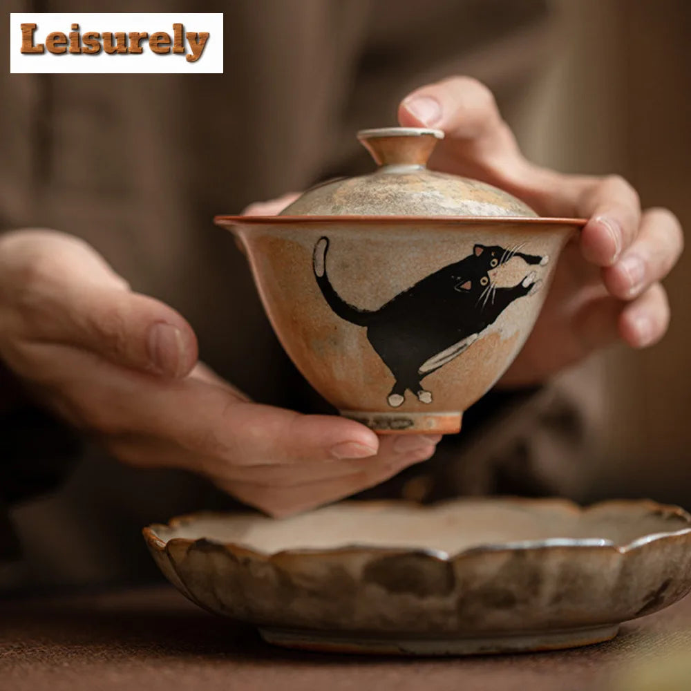 Handmade Wood-fired Porcelain Cat Pottery Tea Maker, Cover Bowl