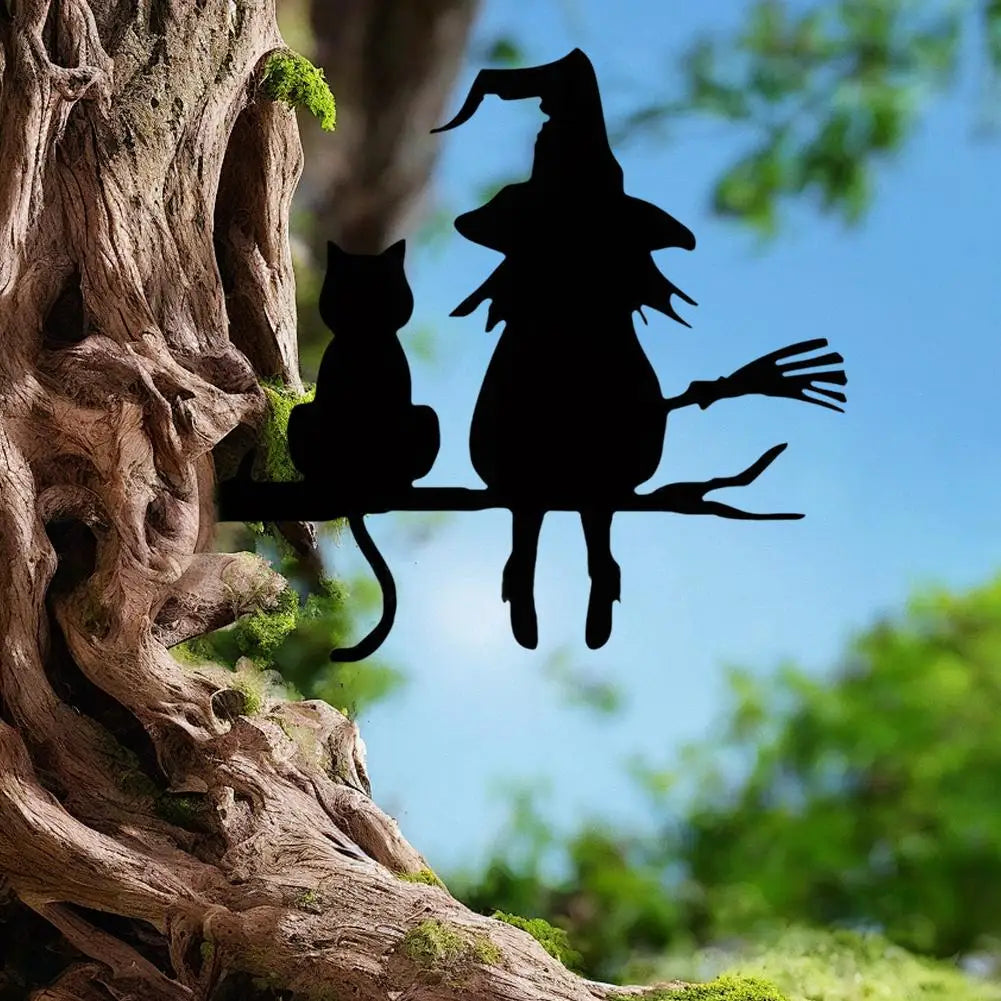 Iron Silhouette Cute Witch And Cat Yard Art Decor