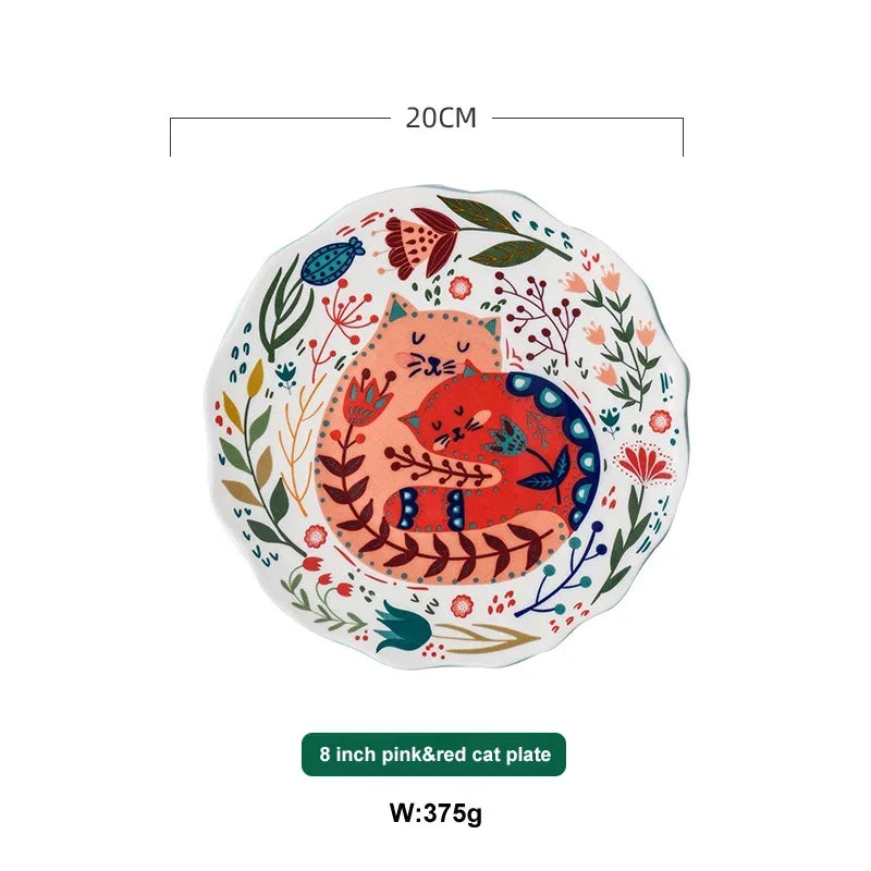 Ceramic 8 Inch Round Dishes, Cat Patterned