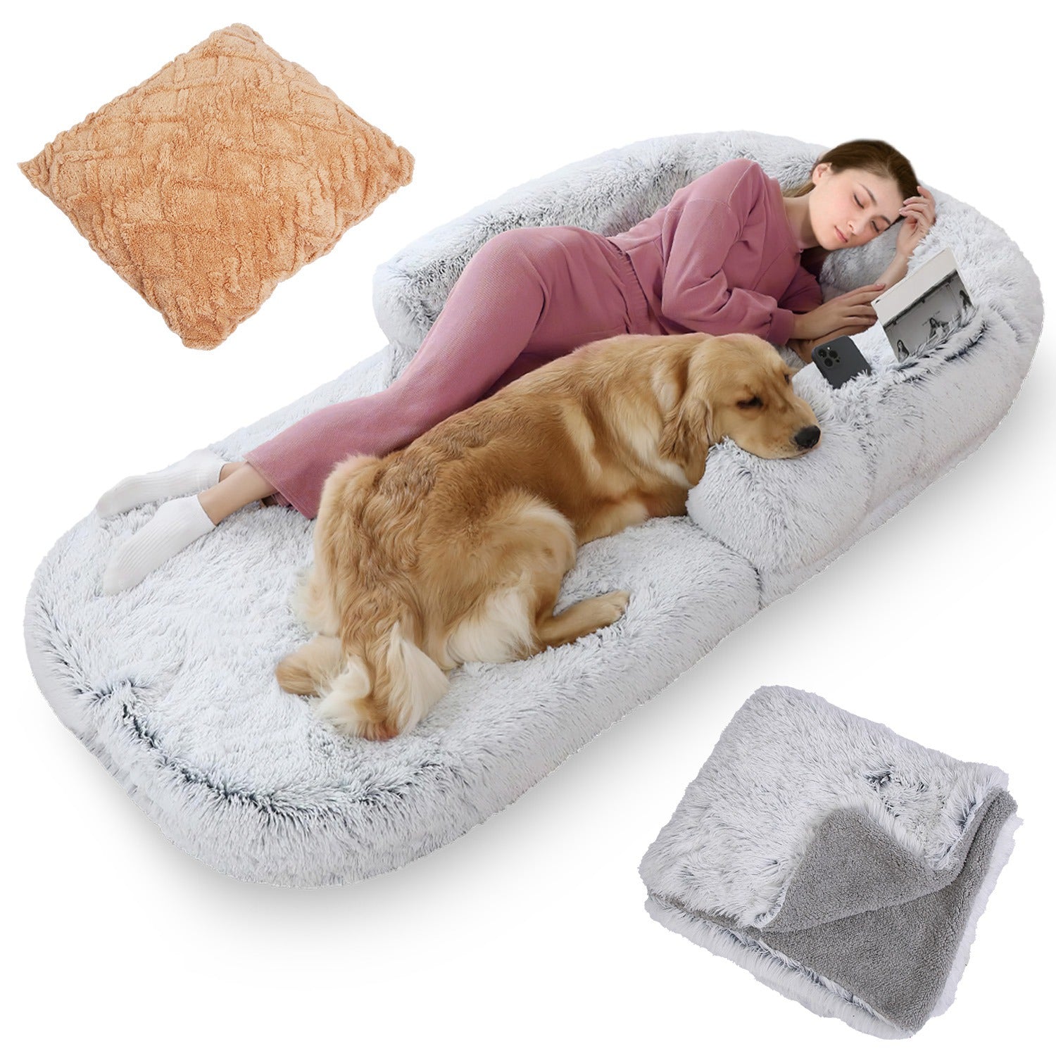 1Pc Large Foldable Human Size Dog Bed With Pillow Blanket, Washable, Zipper Removable Cover For Pets Grey 71x45x10in