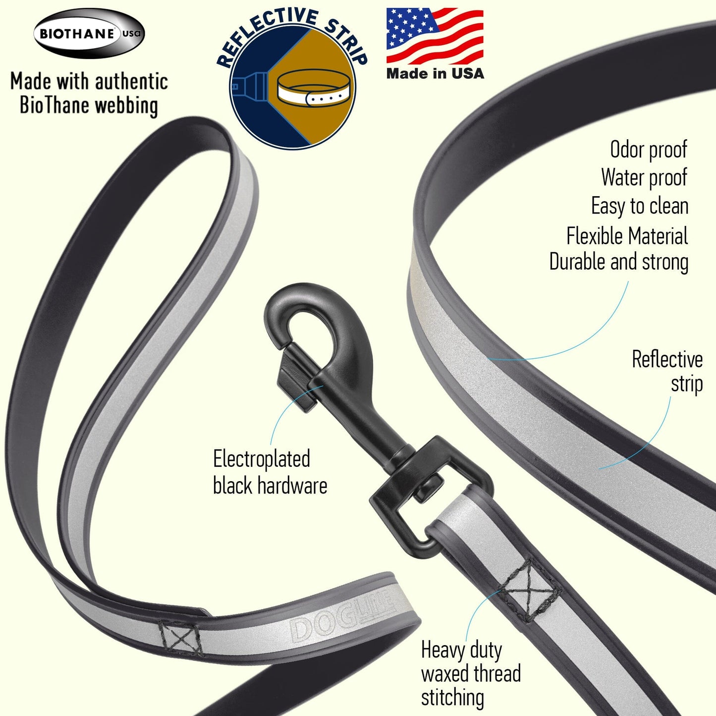Reflective Biothane Dog Leash with Black Hardware