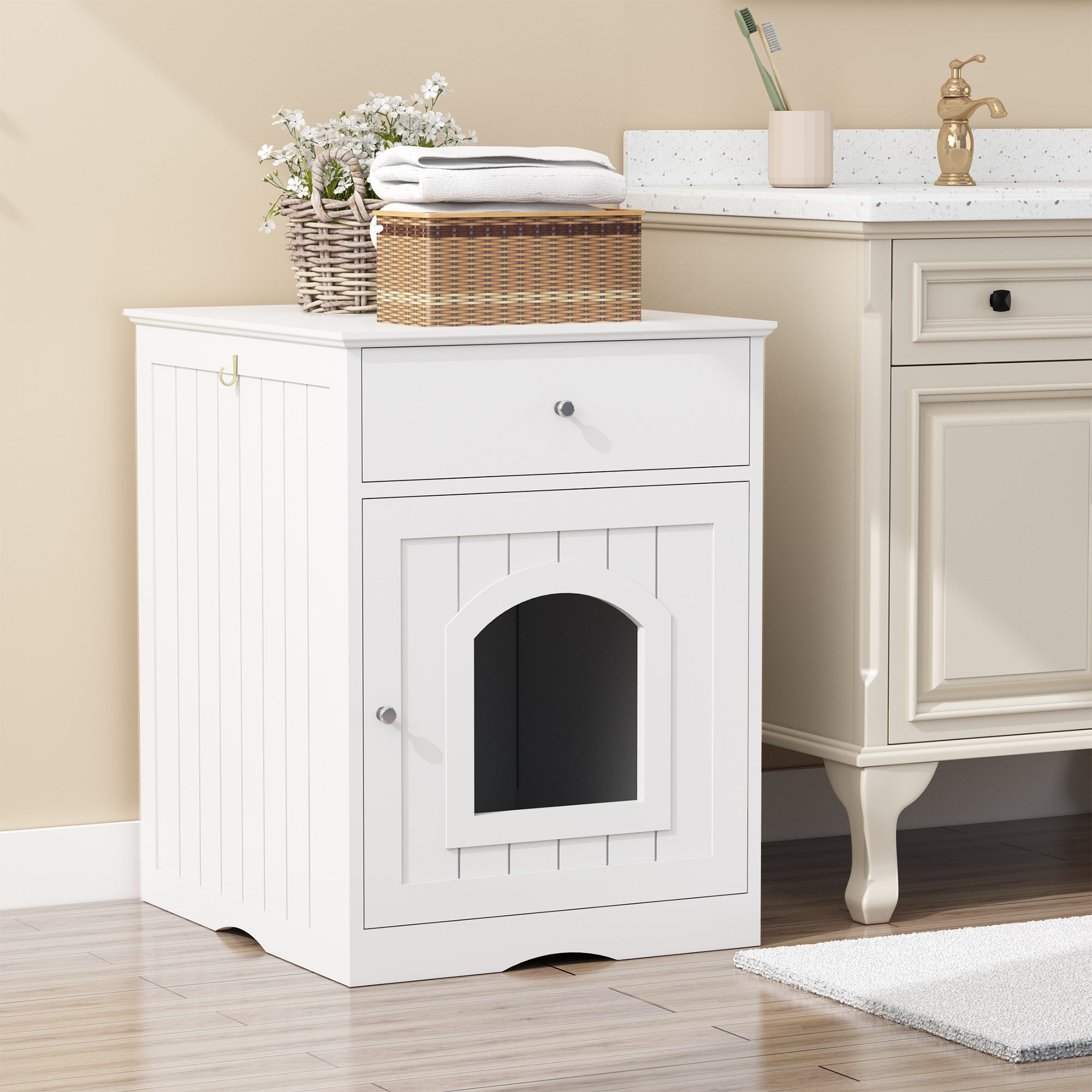 Wooden Pet House Litter Box  With Drawers