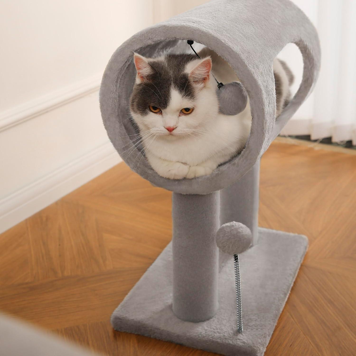 Gray Indoor Cat Tree with Hanging Ball
