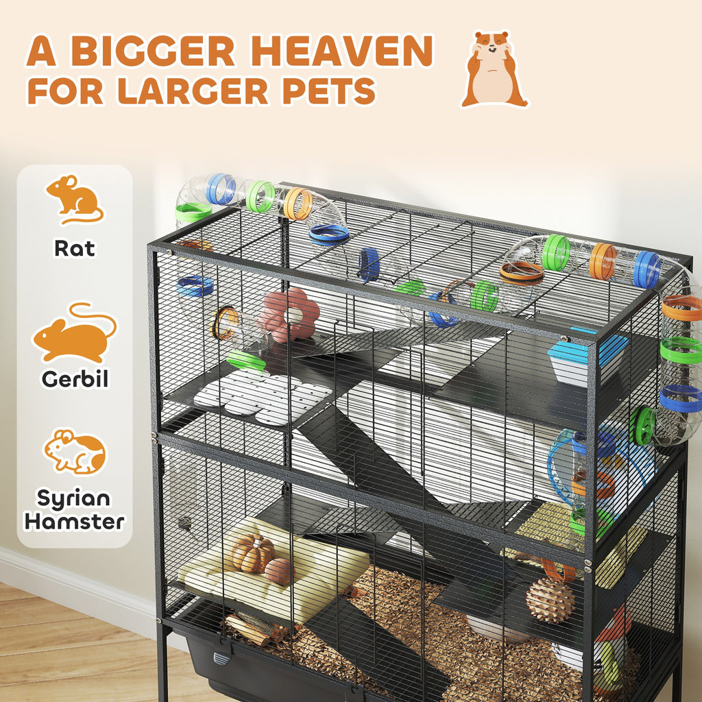 5 Tier Rolling Hamster Cage with Deep Tray, Storage Shelf, Big Exercise Wheel, Hut, Tube System