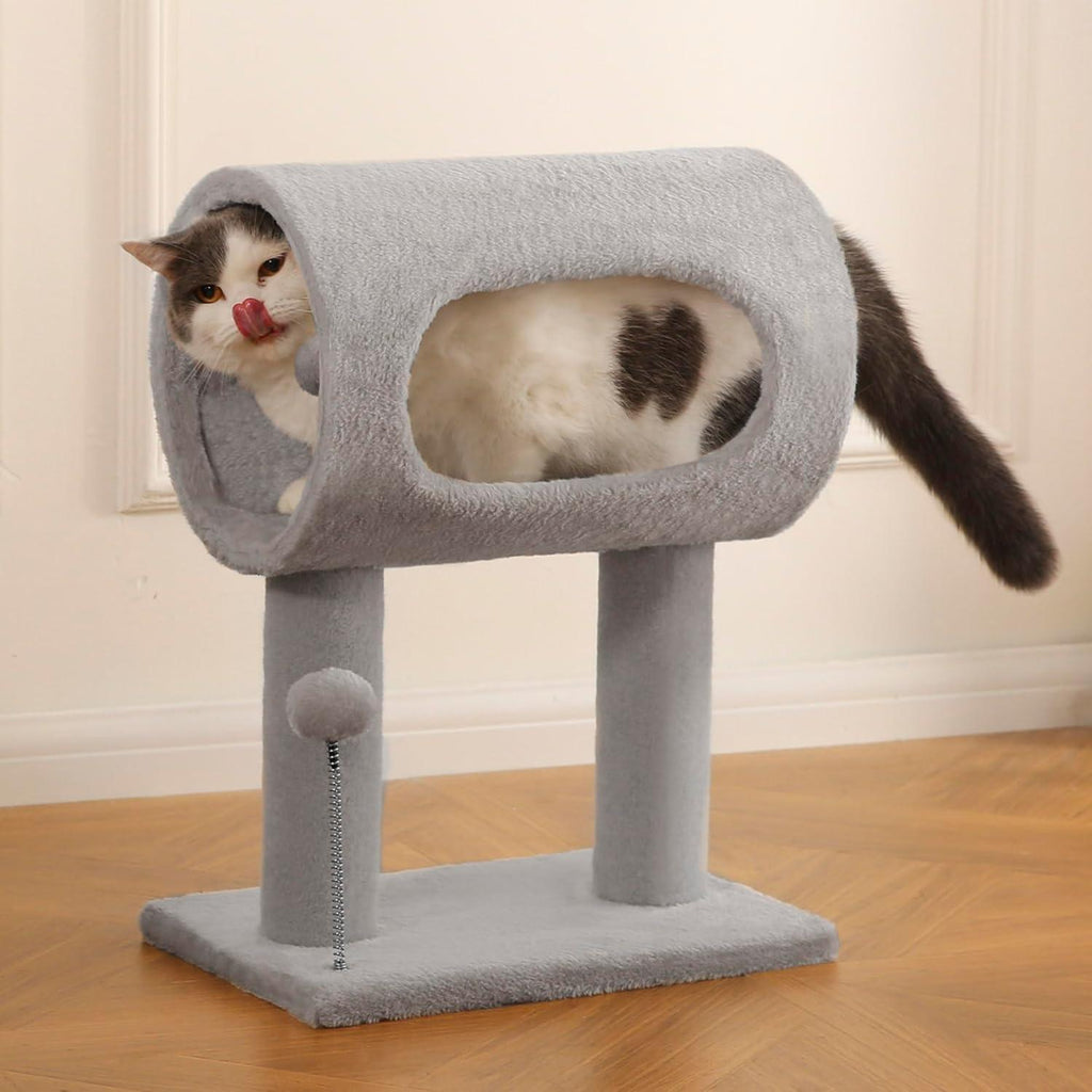 Gray Indoor Cat Tree with Hanging Ball