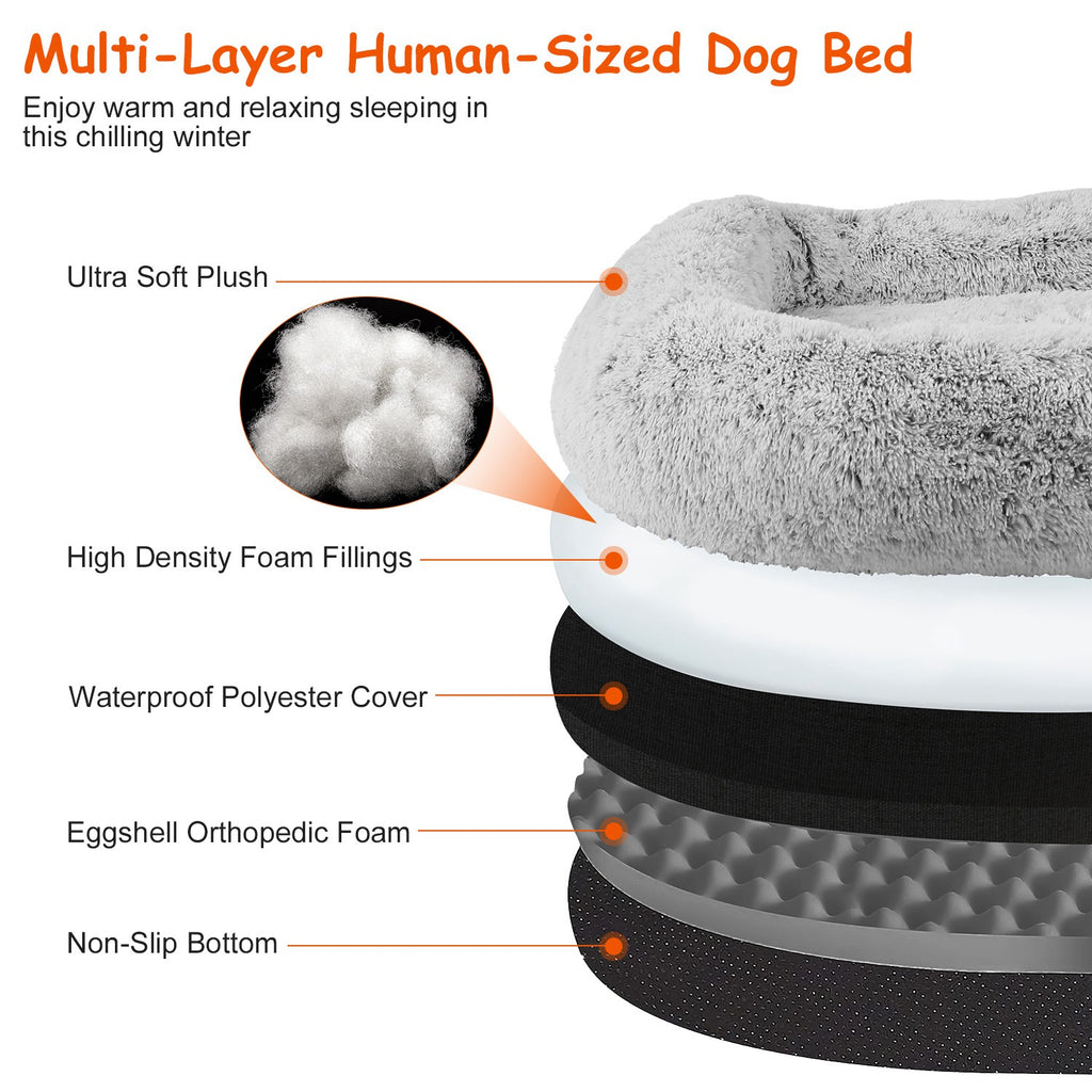 1Pc Large Foldable Human Size Dog Bed With Pillow Blanket, Washable, Zipper Removable Cover For Pets Grey 71x45x10in