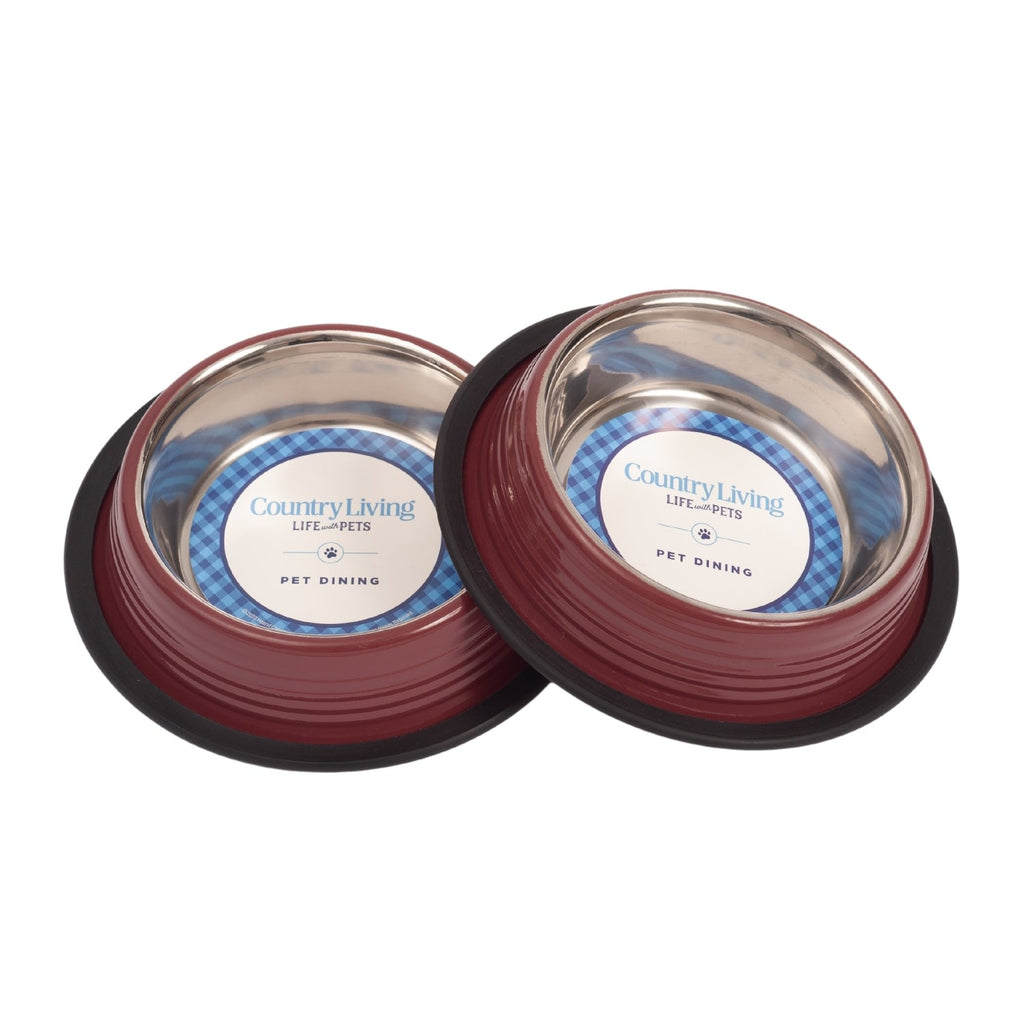 Country Living Set of 2 Ribbed Non-Slip Pet Bowls – Merlot Red