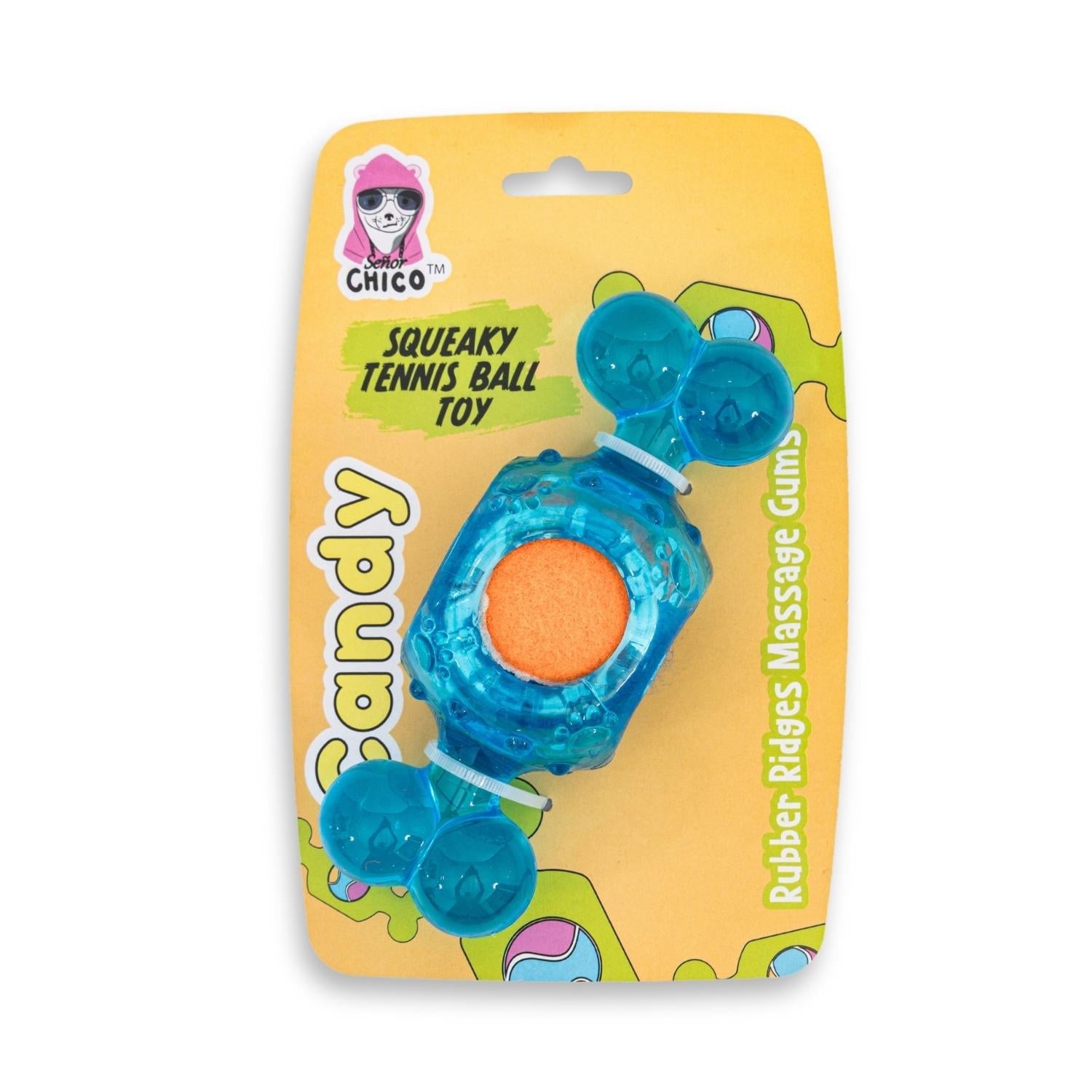 Blue Candy-Inspired Squeaky Tennis Ball Dog Chew Toy – TPR, Durable & Promotes Dental Health