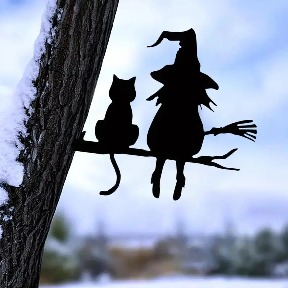 Iron Silhouette Cute Witch And Cat Yard Art Decor