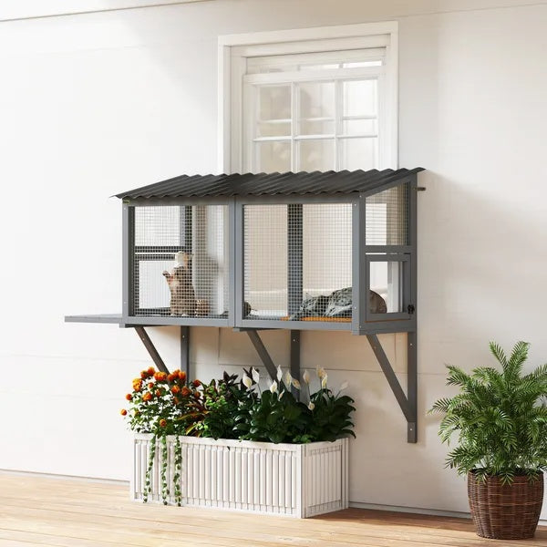 Wooden Cat Catio, Outdoor Cat Enclosure Window Perch With Jumping Platform