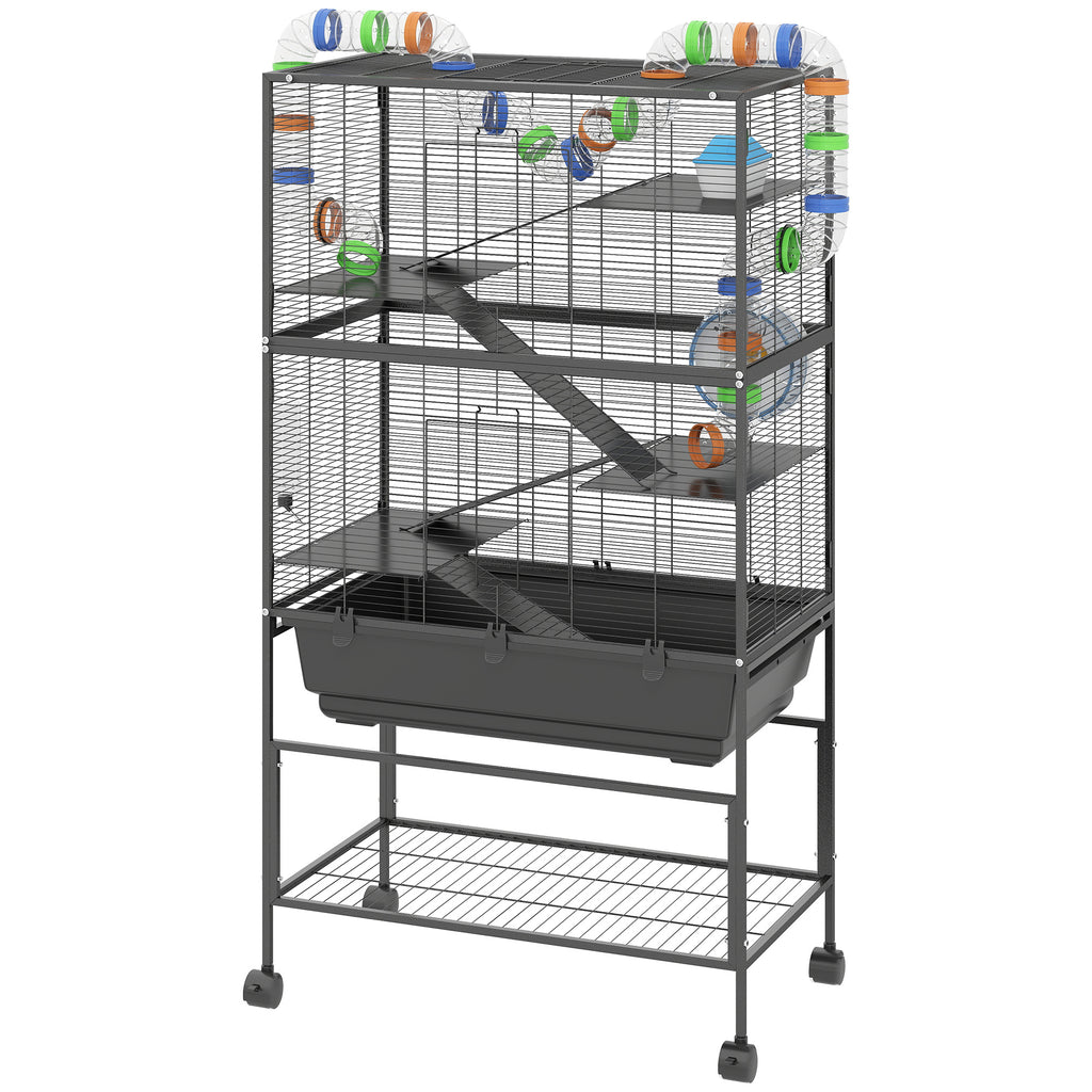 5 Tier Rolling Hamster Cage with Deep Tray, Storage Shelf, Big Exercise Wheel, Hut, Tube System