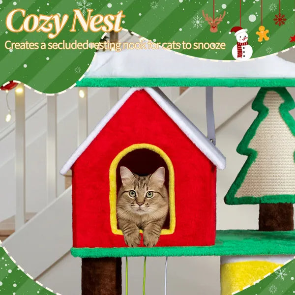 Christmas Themed Plush Cat Tree, Multi-level Cat Tower