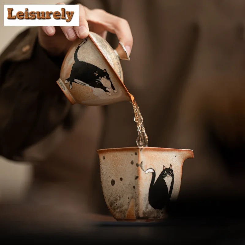 Handmade Wood-fired Porcelain Cat Pottery Tea Maker, Cover Bowl