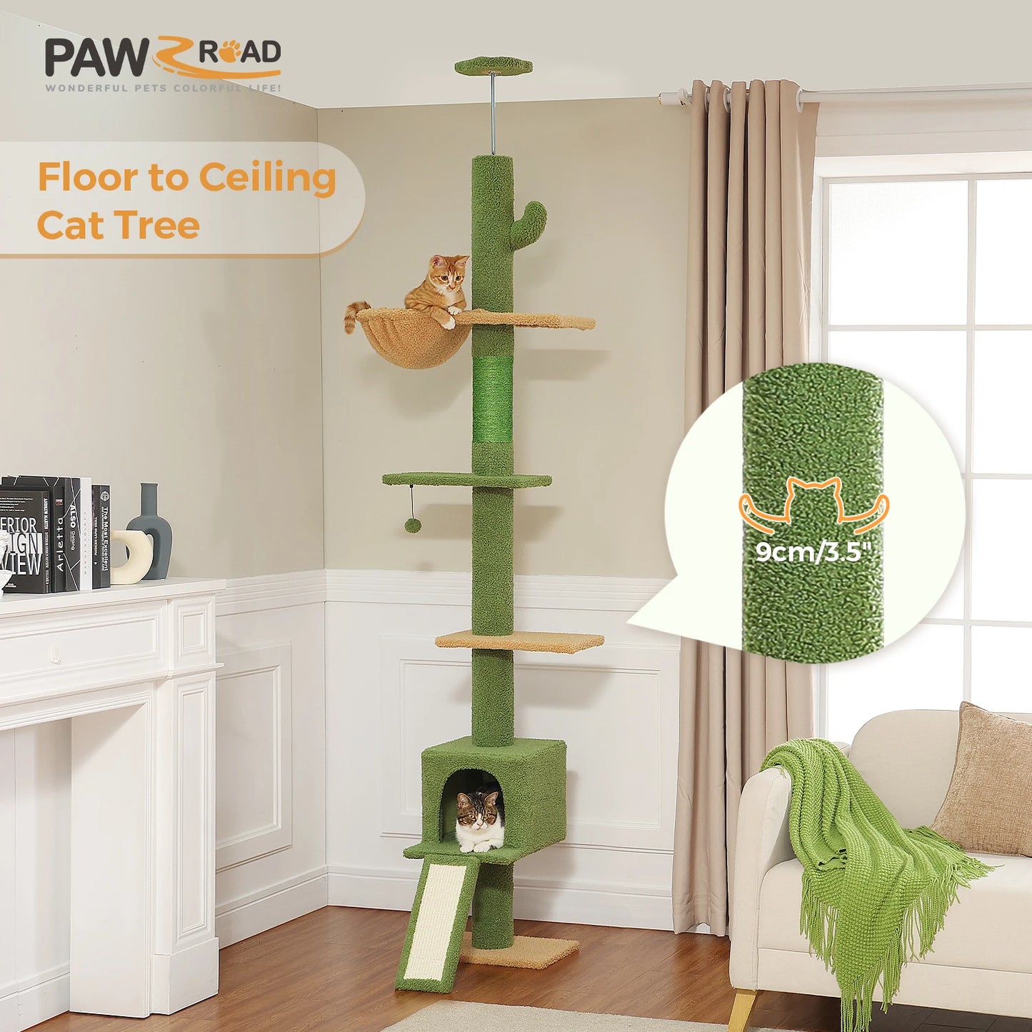 Adjustable 210-274CM Floor to Ceiling Cat Tower 5 Tiers