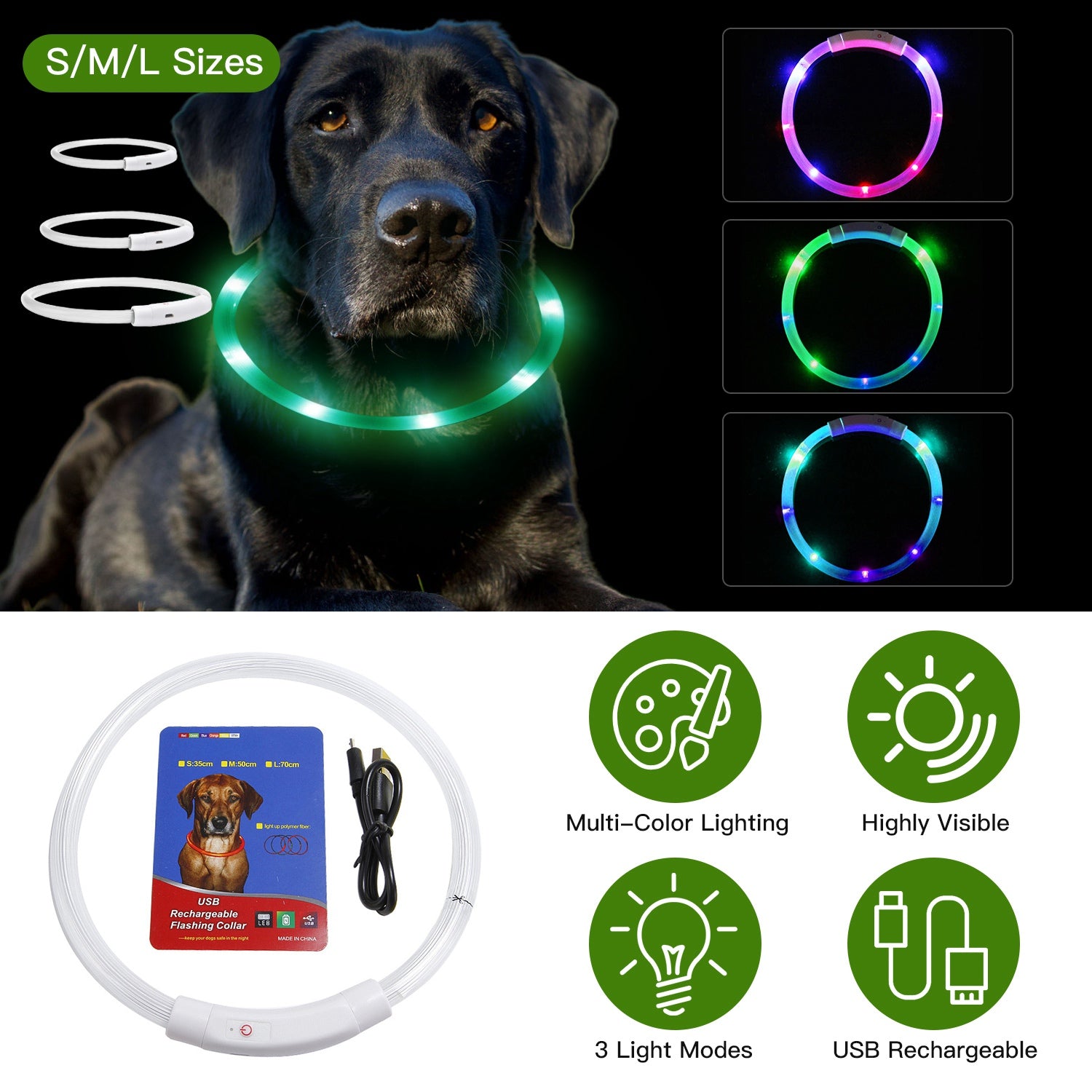 USB Rechargeable LED Dog Collar Multi Color