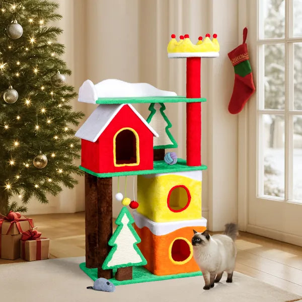 Christmas Themed Plush Cat Tree, Multi-level Cat Tower