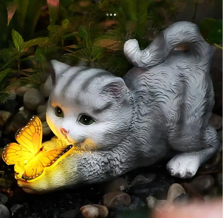 Solar Light Butterfly And Cat Resin Outdoor Sculpture