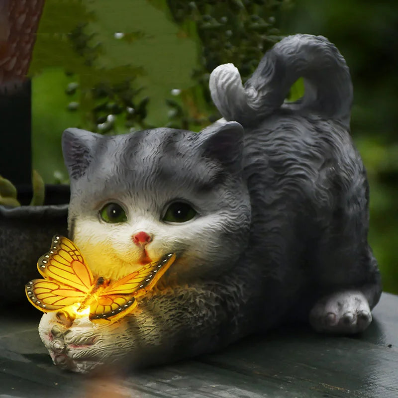 Solar Light Butterfly And Cat Resin Outdoor Sculpture
