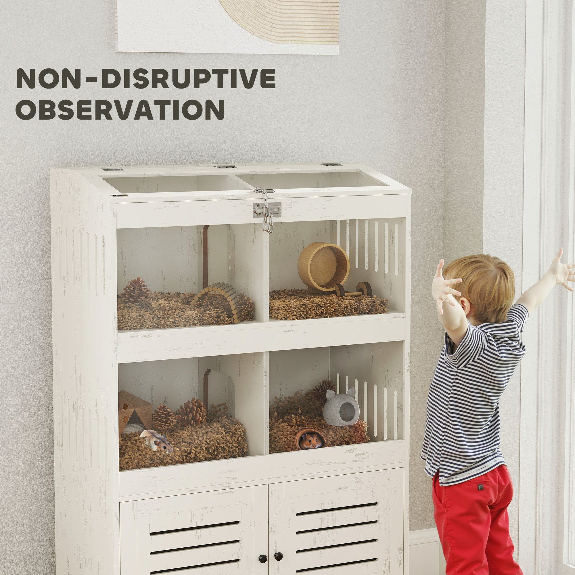 Large Hamster Cage with Storage Cabinet, Clear Transparent Panels, Cream White