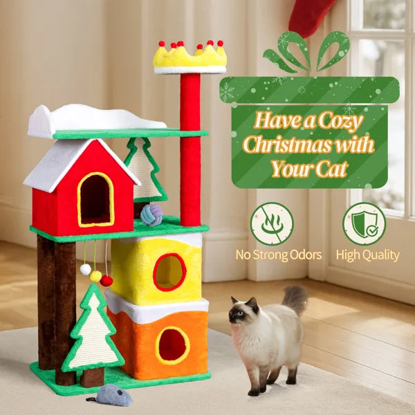 Christmas Themed Plush Cat Tree, Multi-level Cat Tower