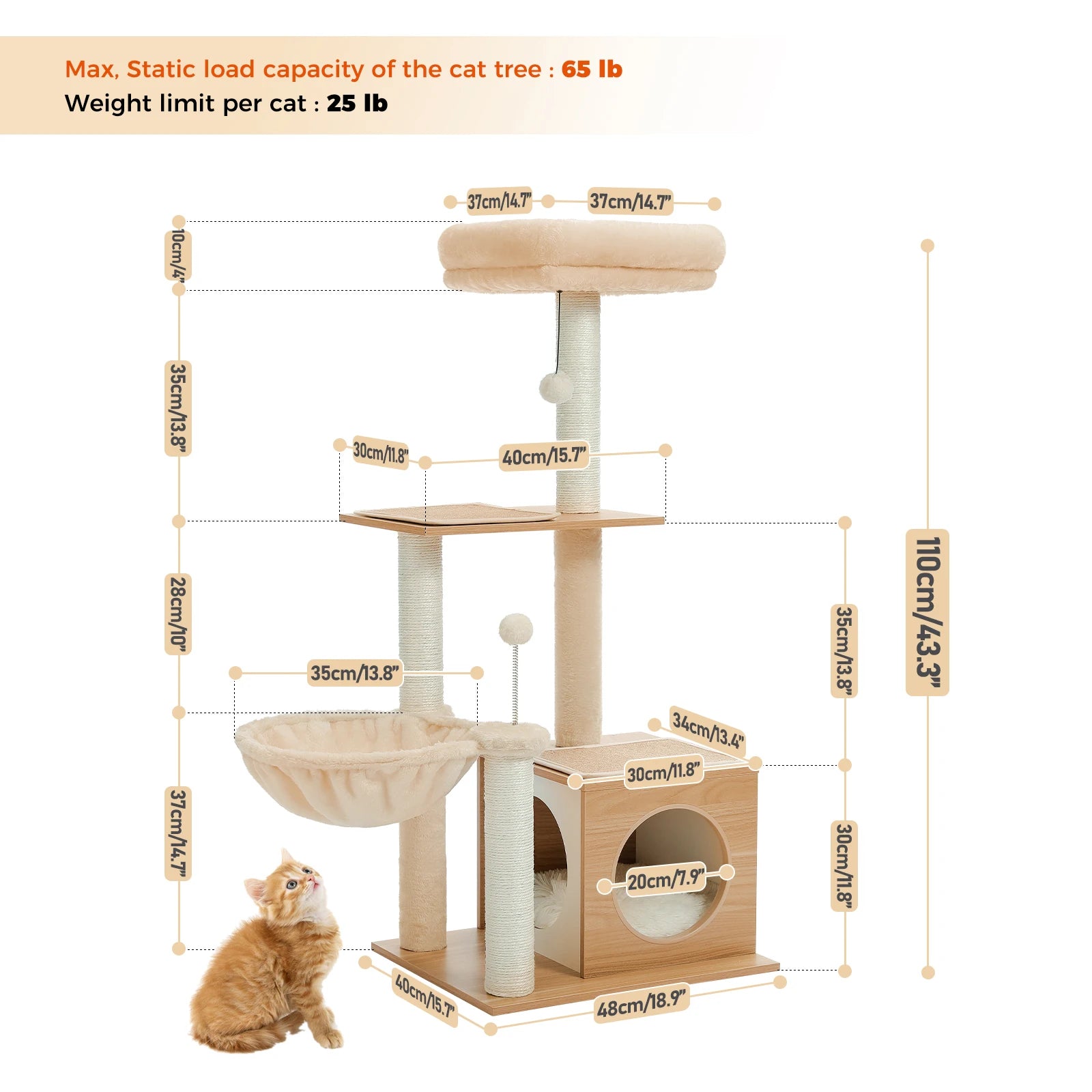 Modern Wooden Cat Tree Scratching Post Multi-Level Tower