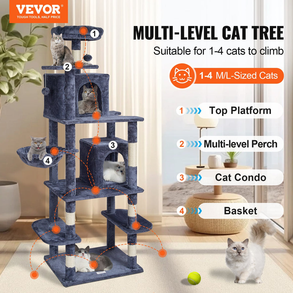 Cat Tree Cat Tower with Cat Condos Sisal Scratching Post Dark Grey