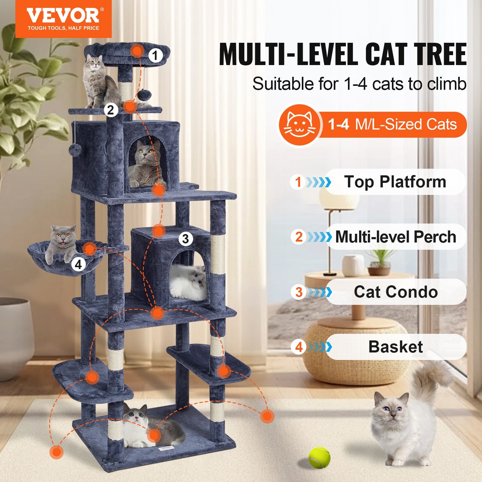 Cat Tree Cat Tower with Cat Condos Sisal Scratching Post Dark Grey