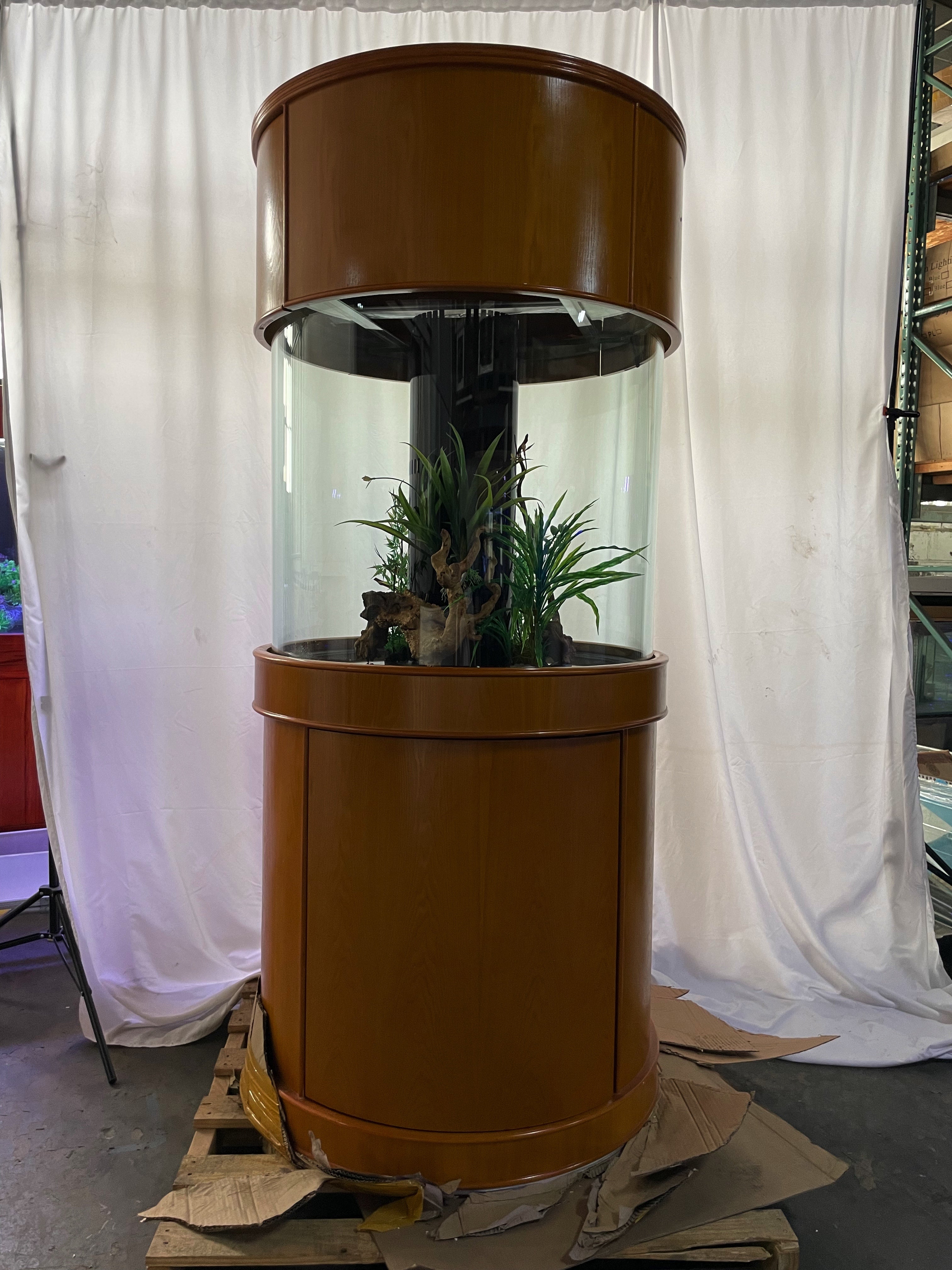 100 Gallon Glass Full Cylinder Aquarium Minor Blemish Reef-Ready Aquarium in Golden Oak Real Wood Furniture