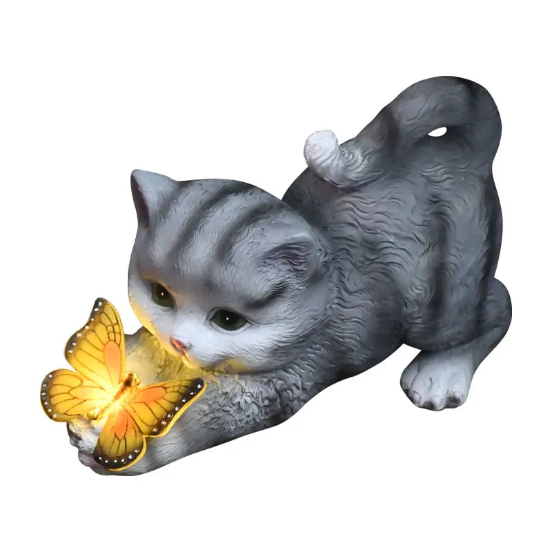 Solar Light Butterfly And Cat Resin Outdoor Sculpture