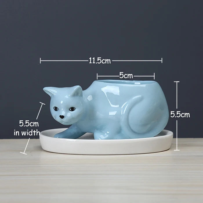 White Ceramic Cat Flower Pot with Tray