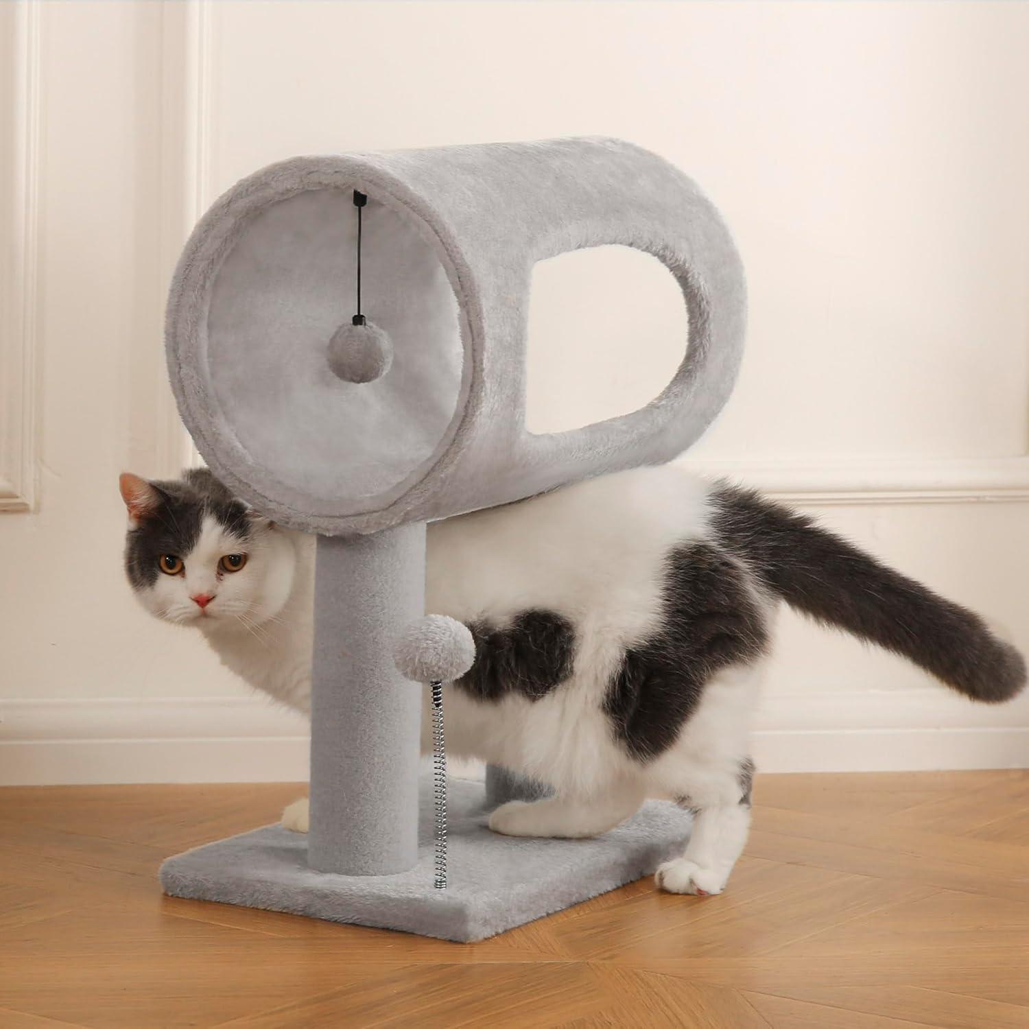 Gray Indoor Cat Tree with Hanging Ball