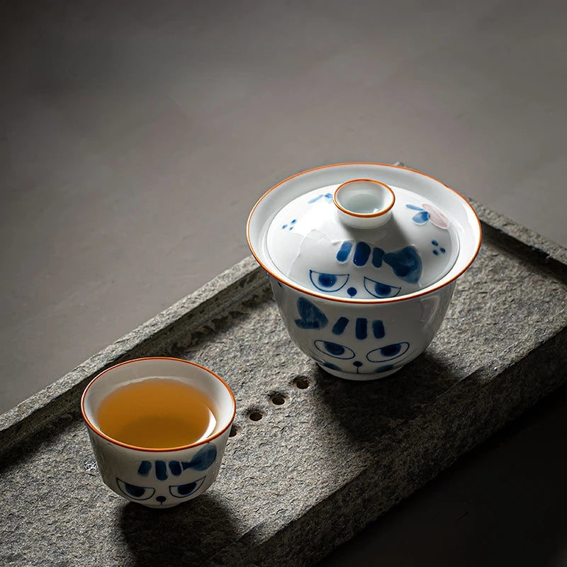 Hand-painted Blue Cat Ceramic Bowl and Tea Set