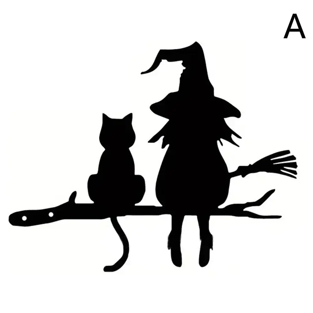 Iron Silhouette Cute Witch And Cat Yard Art Decor