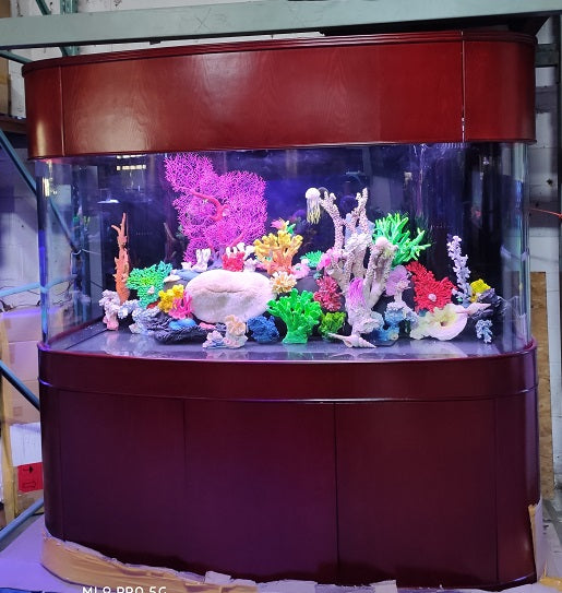 380 Gallon Seamless Glass Bowfront Reef-Ready Aquarium in Rose Cherry Real Wood Furniture