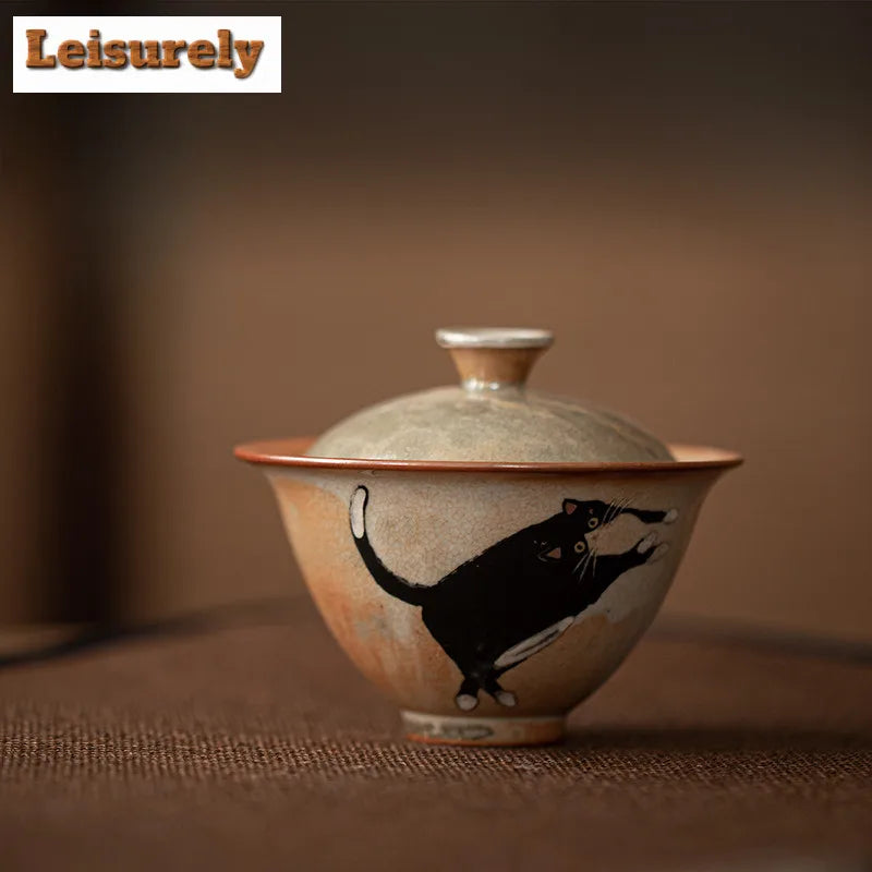Handmade Wood-fired Porcelain Cat Pottery Tea Maker, Cover Bowl