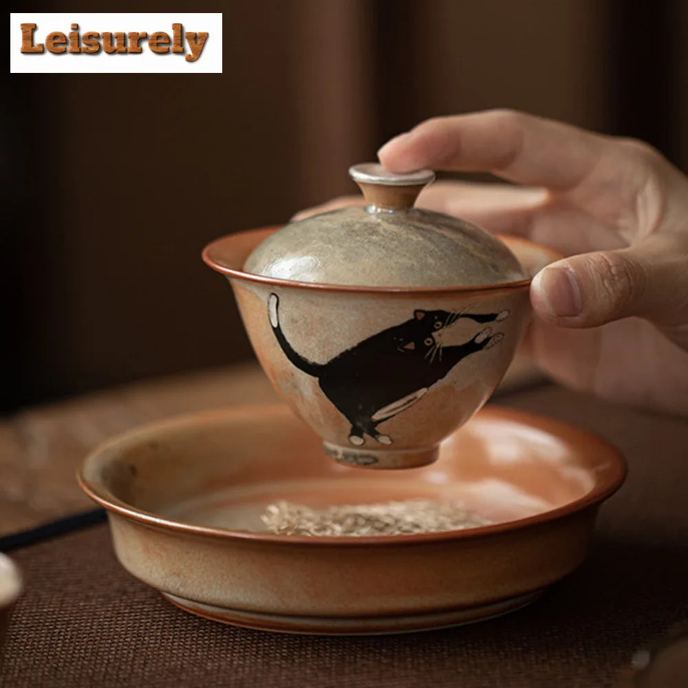 Handmade Wood-fired Porcelain Cat Pottery Tea Maker, Cover Bowl
