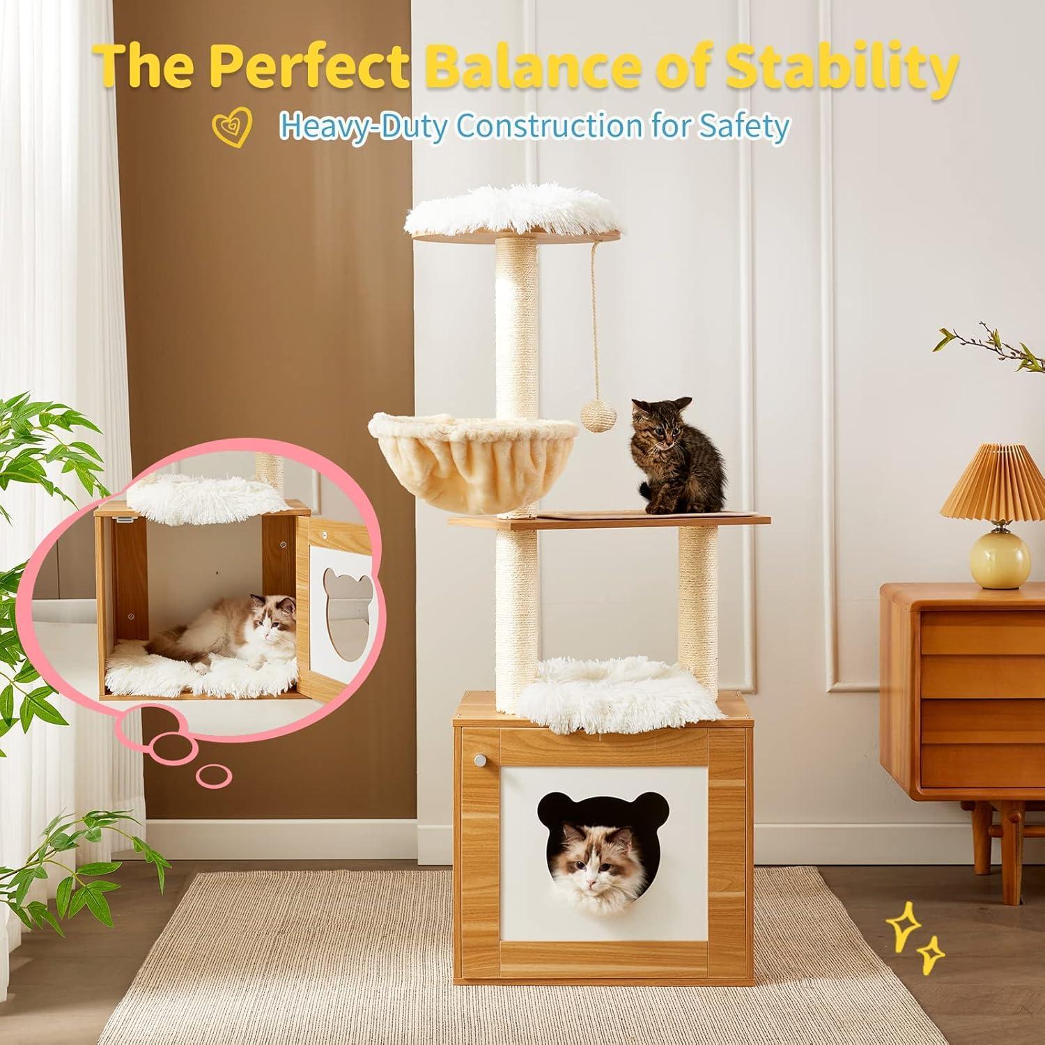 Solid Wood Cat Tree And Tower With Litter Box, Cat Scratching Board And Hammock