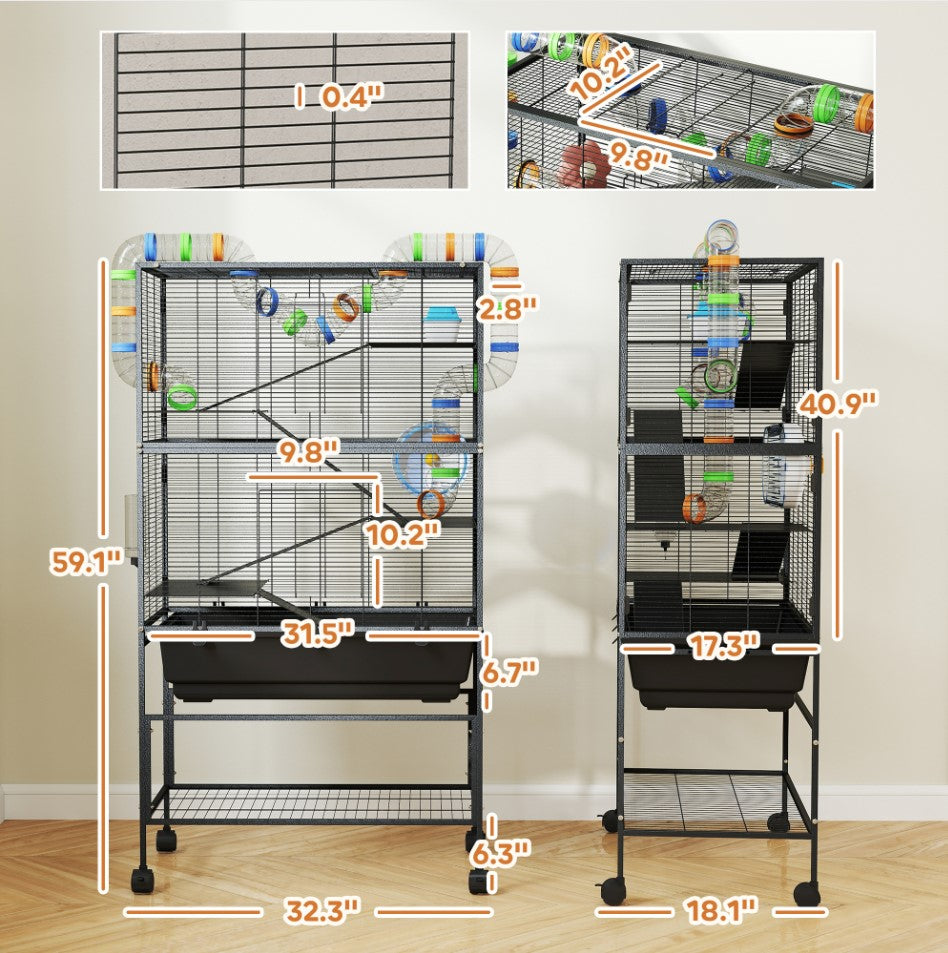 5 Tier Rolling Hamster Cage with Deep Tray, Storage Shelf, Big Exercise Wheel, Hut, Tube System