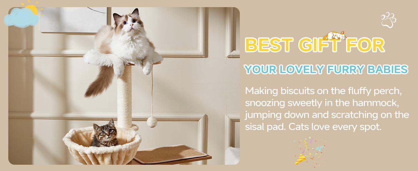 Solid Wood Cat Tree And Tower With Litter Box, Cat Scratching Board And Hammock