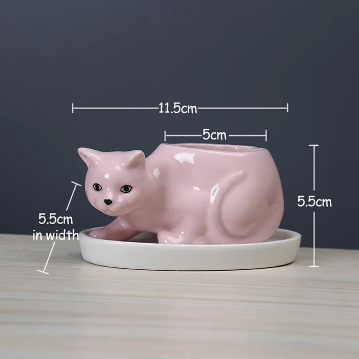 White Ceramic Cat Flower Pot with Tray