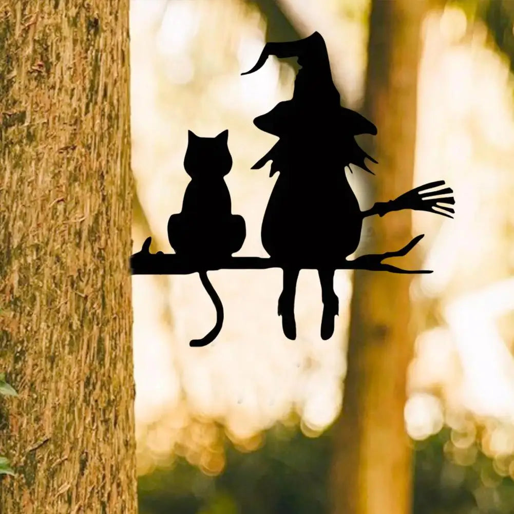 Iron Silhouette Cute Witch And Cat Yard Art Decor