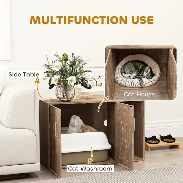 Cat Litter Box Enclosure With Scratching Board, Walnut Brown