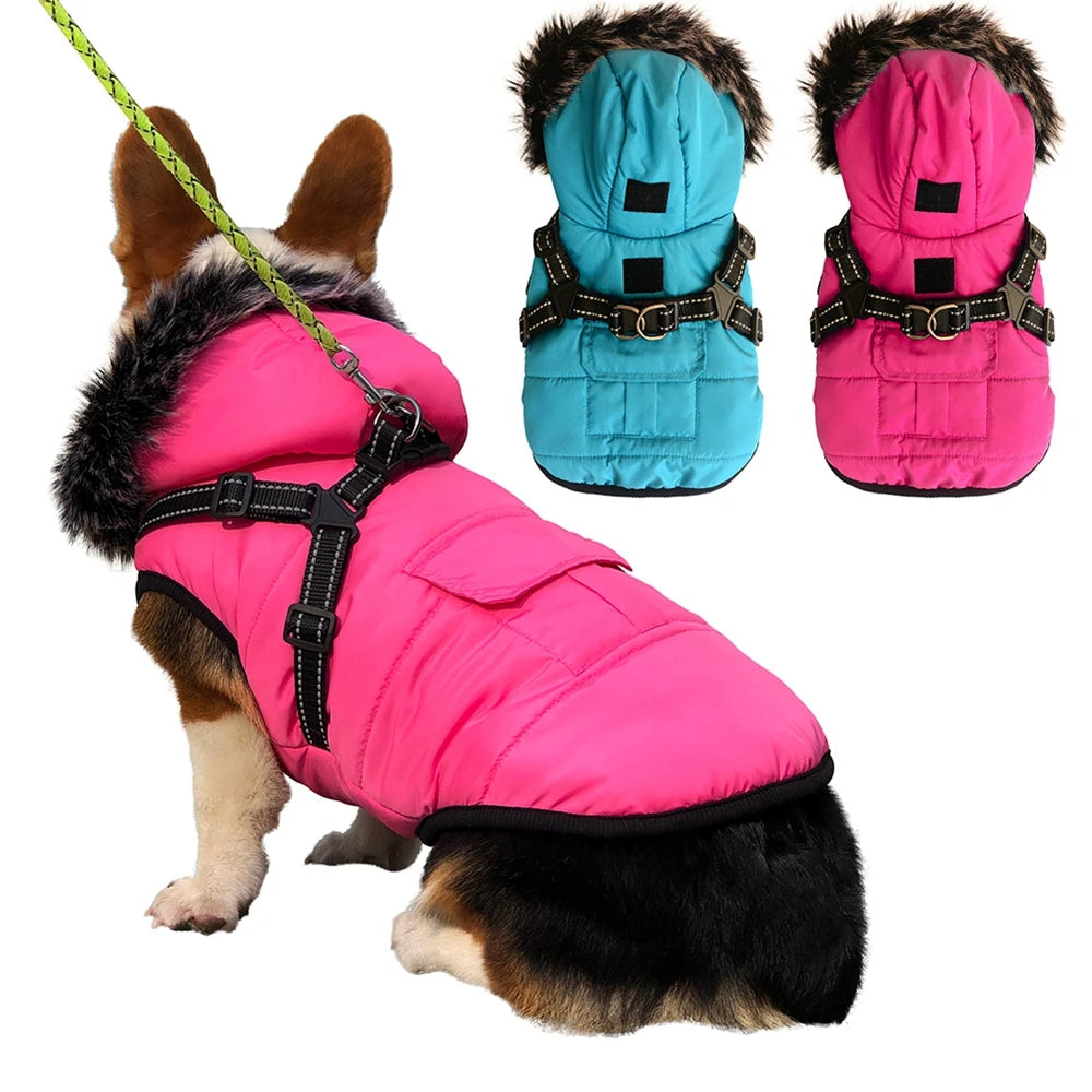 Waterproof Winter Pet Dog Clothes With Harness and Reflective strip