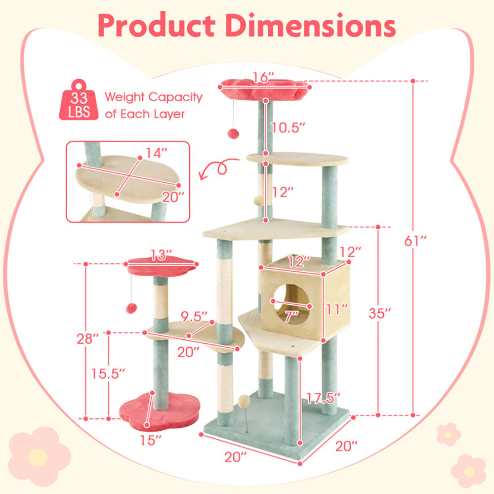 61 Inch Multi-Level Aesthetic Floral Cat Tower with Flower-Shaped Padded Perch