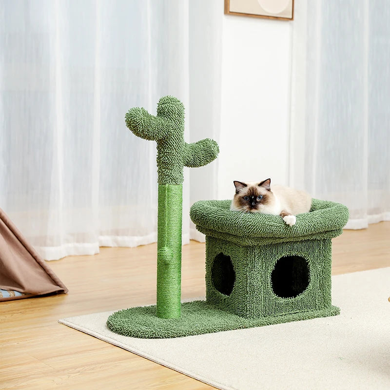 Cute Cactus Cat Tree With Toy Ball Scratching Post