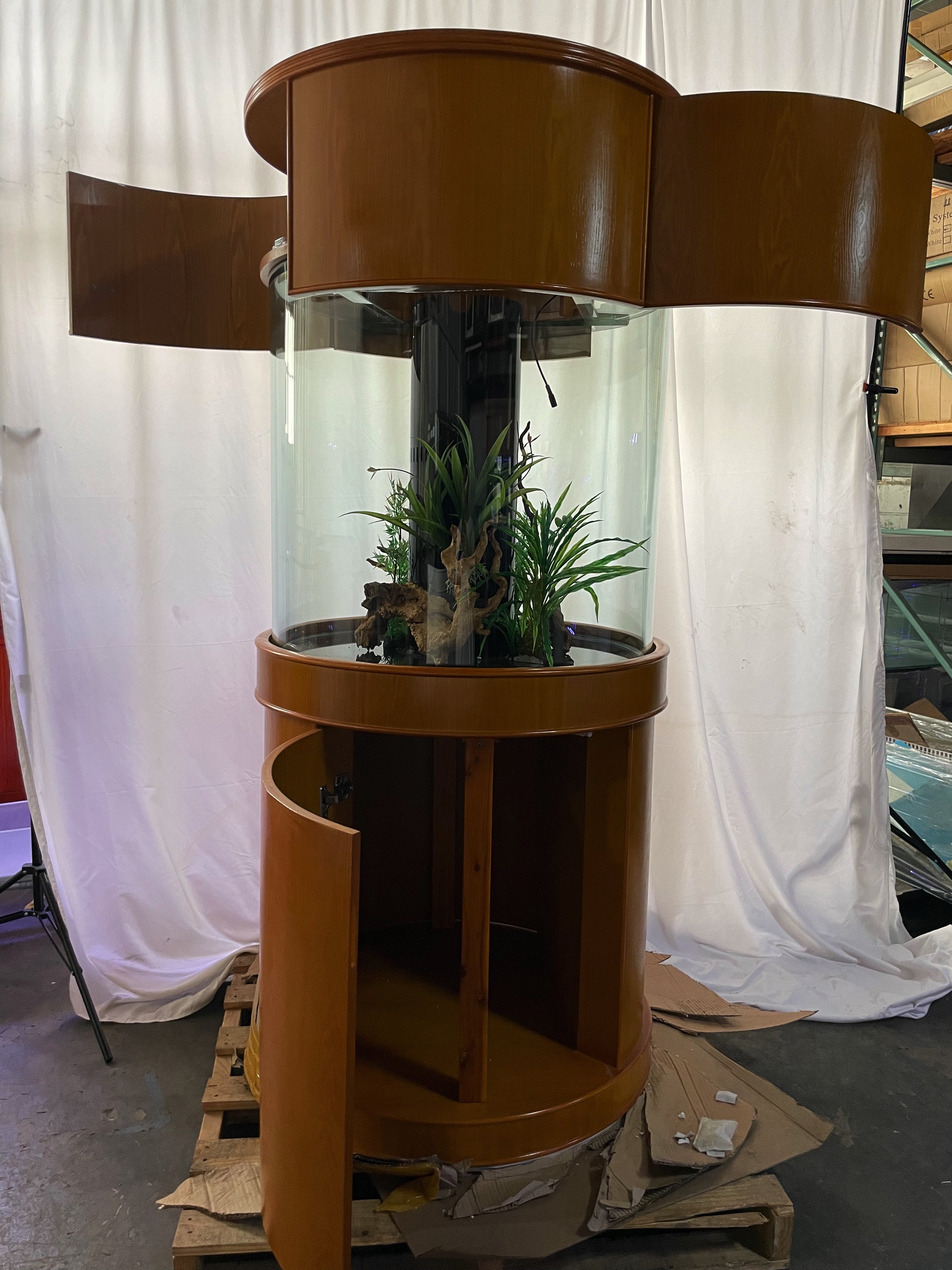 100 Gallon Glass Full Cylinder Aquarium Minor Blemish Reef-Ready Aquarium in Golden Oak Real Wood Furniture