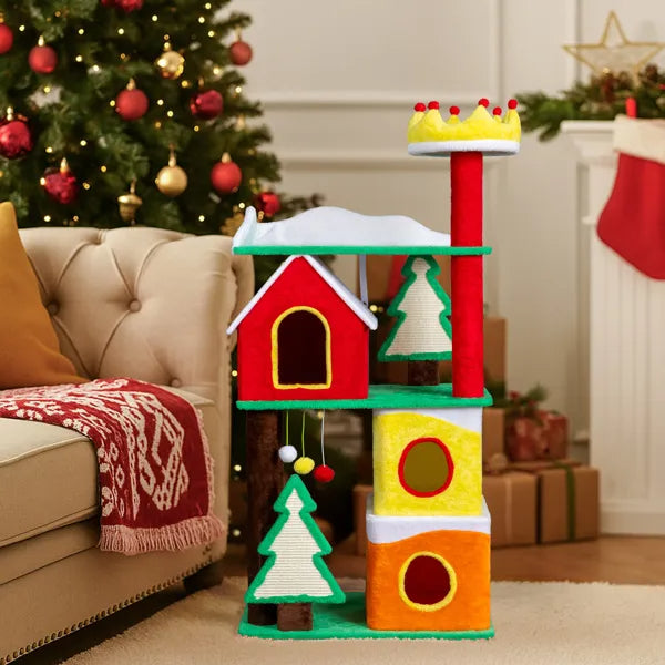 Christmas Themed Plush Cat Tree, Multi-level Cat Tower