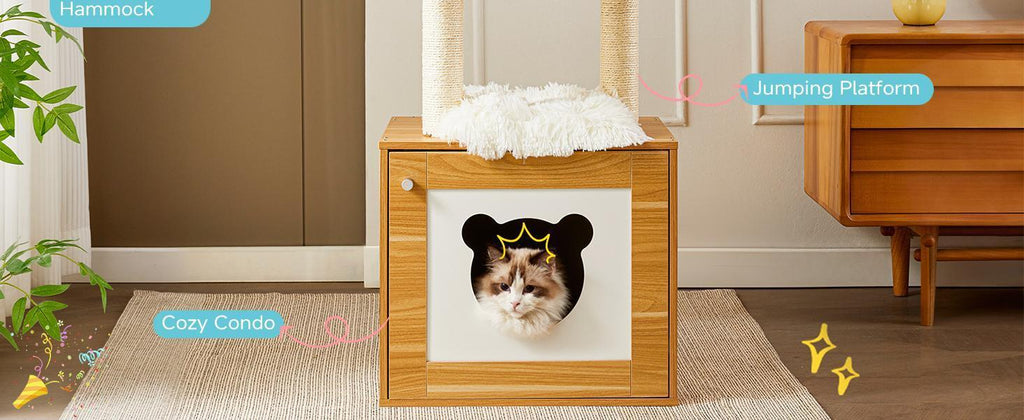 Solid Wood Cat Tree And Tower With Litter Box, Cat Scratching Board And Hammock