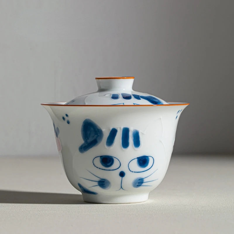 Hand-painted Blue Cat Ceramic Bowl and Tea Set